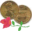 2 US 1-cent coins with a long-stemmed red rose below
